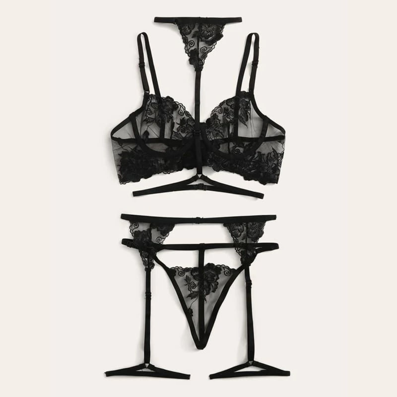 woman Flower Lace Underwire Garter and Thong Sexy Bra...